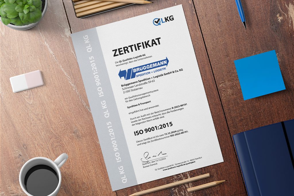 ISO 9001:2015 Zertifikat für Qualitätsmanagement 2024, ausgestellt an Brüggemann Spedition + Logistik GmbH & Co. KG