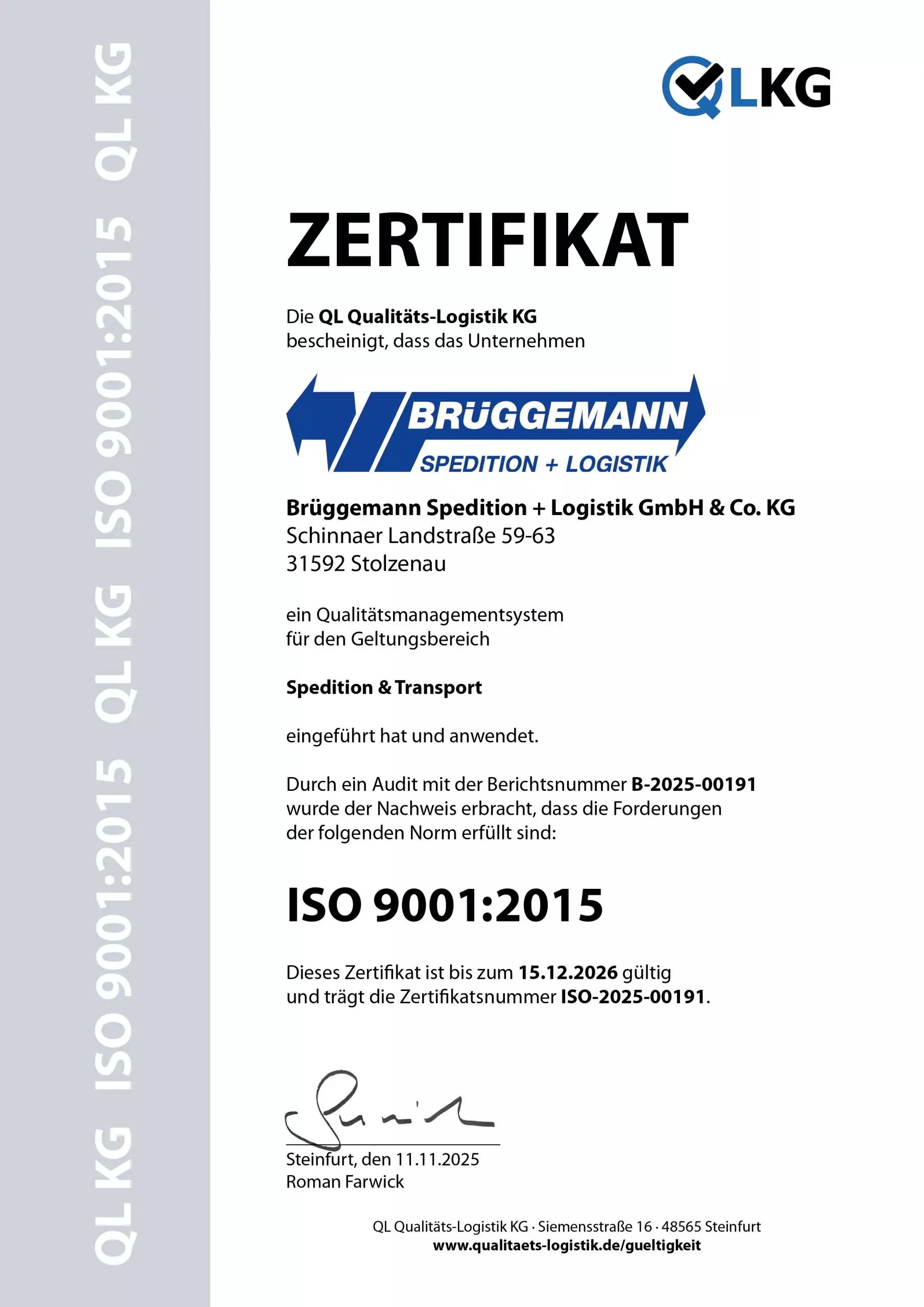 ISO 9001:2015 Zertifikat für Qualitätsmanagement 2026, ausgestellt an Brüggemann Spedition + Logistik GmbH & Co. KG