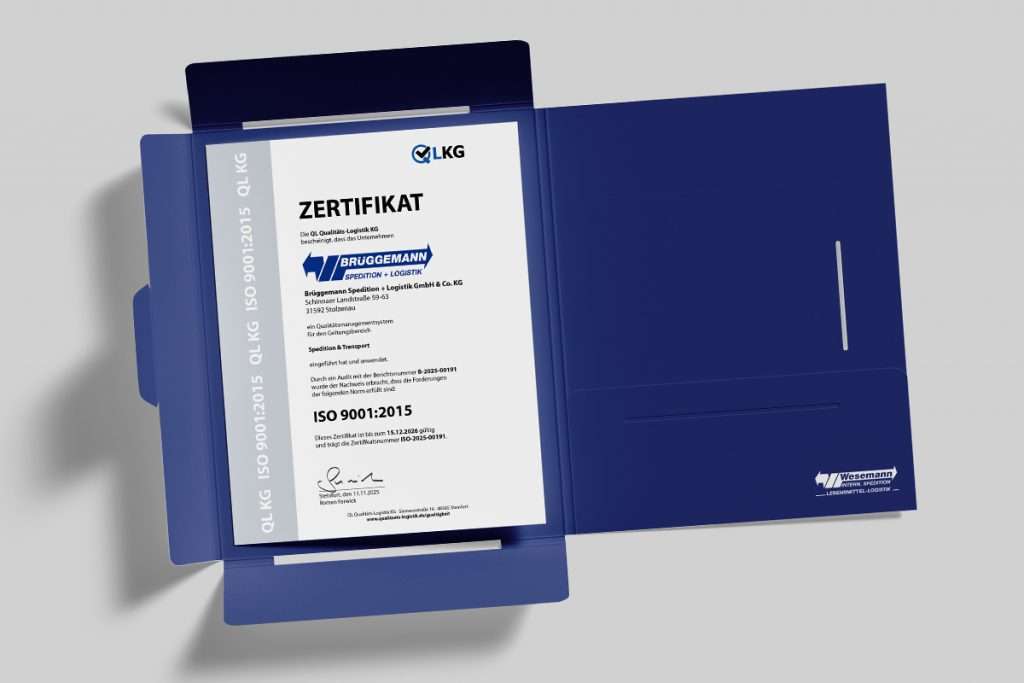 ISO 9001:2015 Zertifikat für Qualitätsmanagement 2026, ausgestellt an Brüggemann Spedition + Logistik GmbH & Co. KG