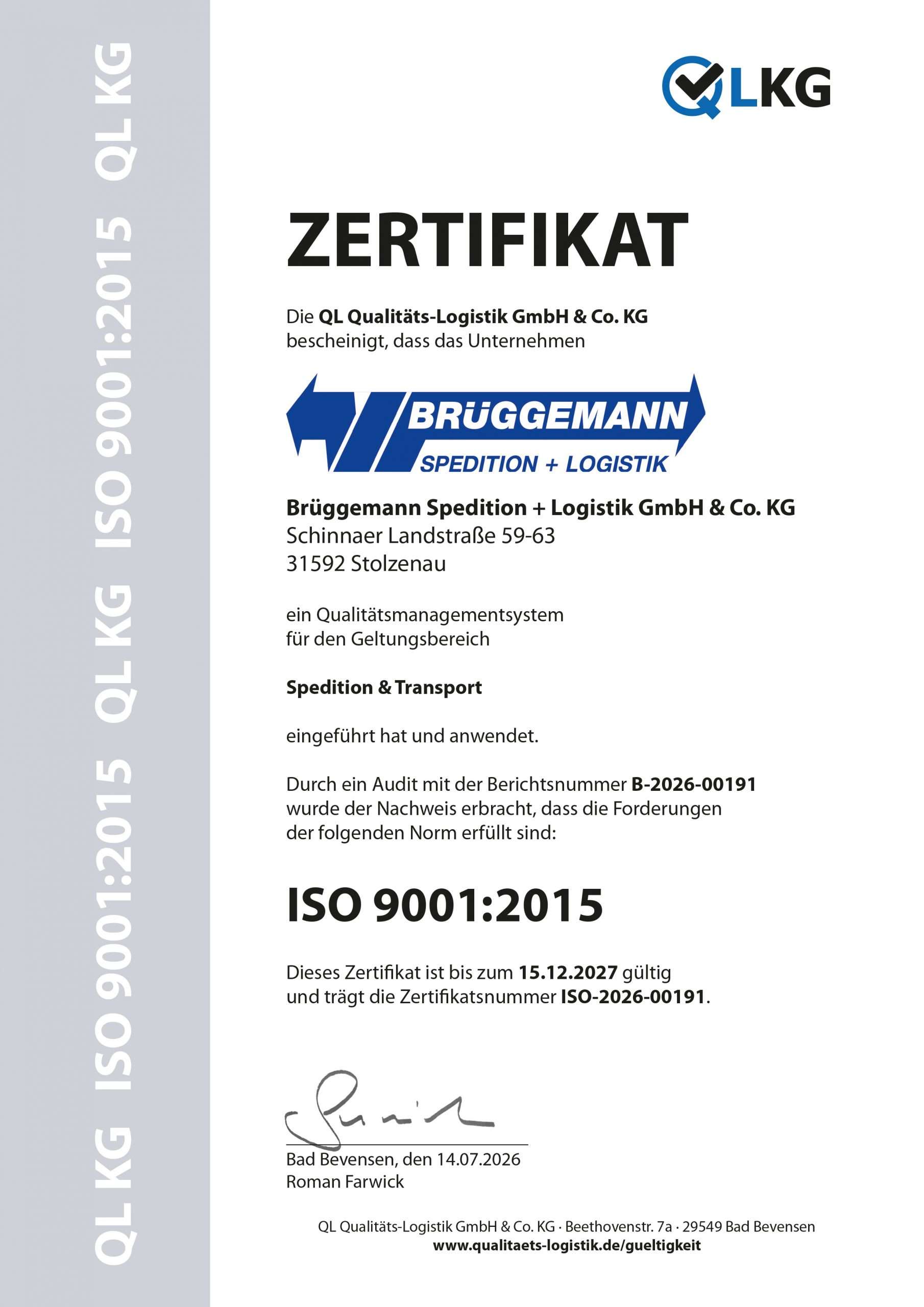 ISO 9001:2015 Zertifikat für Qualitätsmanagement 2027, ausgestellt an Brüggemann Spedition + Logistik GmbH & Co. KG